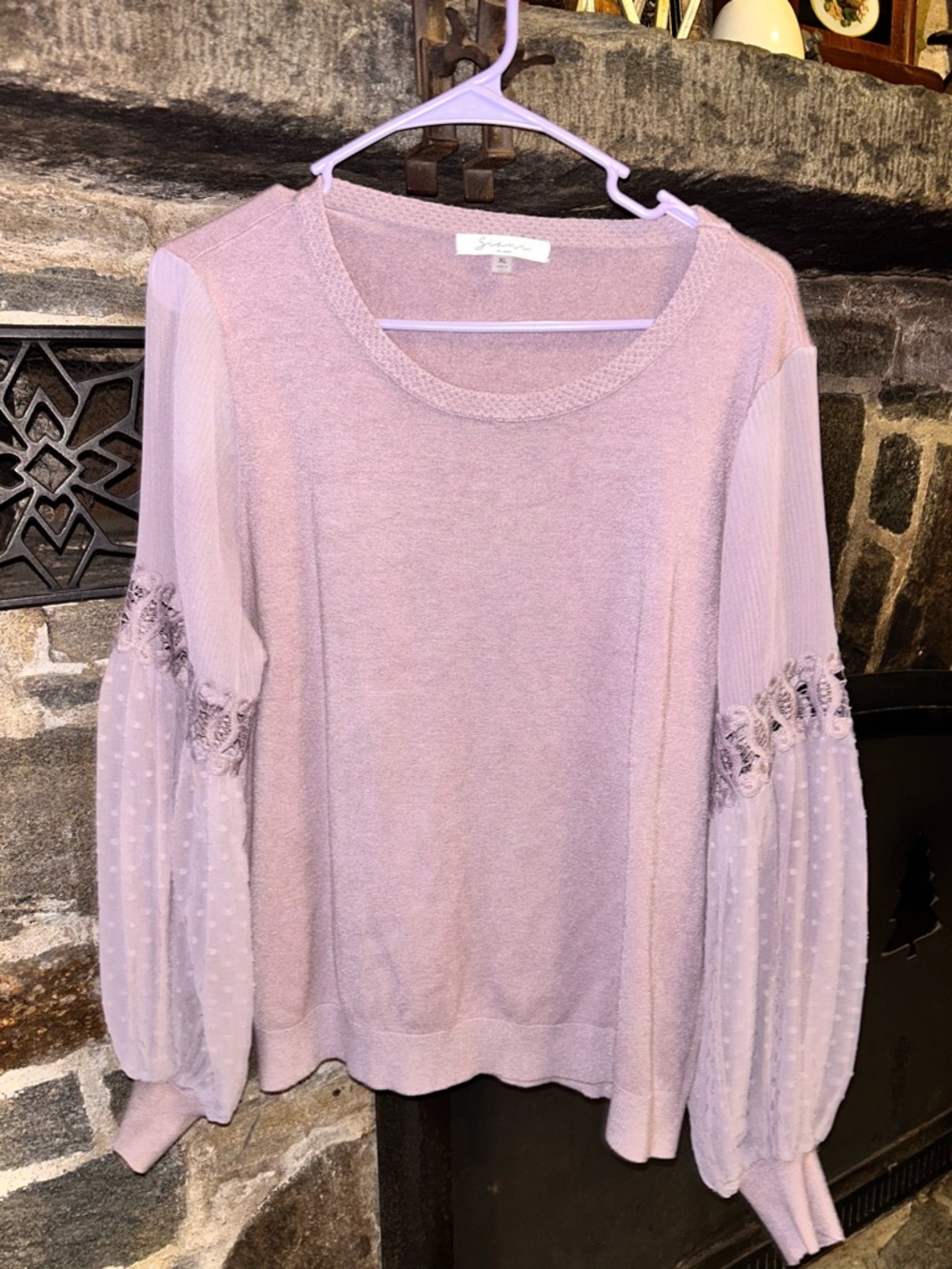 Sioni Lilac Crewneck Sweater with Sheer Lace Balloon Sleeves